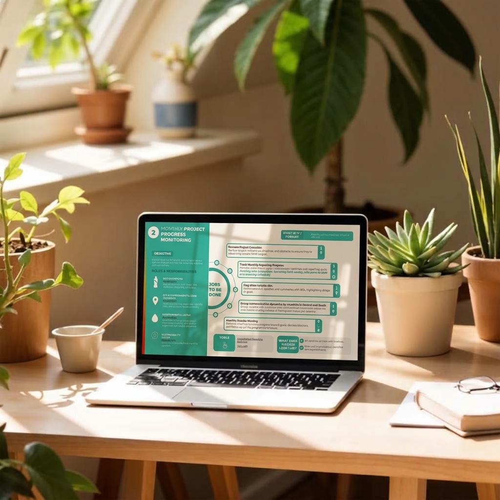 Um notebook com um infográfico mensal de acompanhamento de projetos em uma mesa de madeira iluminada, com plantas, um caderno e uma xícara