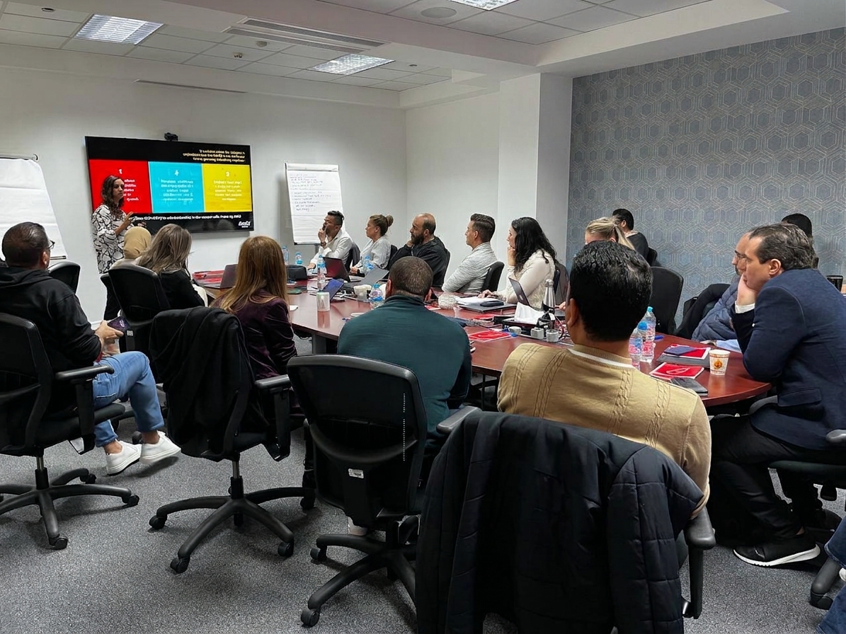 A colleague presenting a growth strategy session to a team seated around a conference table